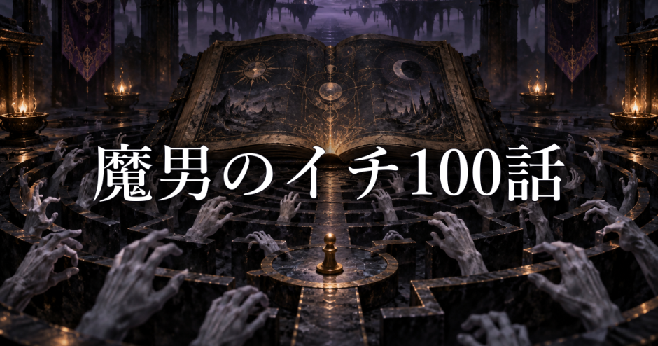 魔男のイチ100話のアイキャッチ。暗い広間に開かれた魔法書と作品名・話数の文字